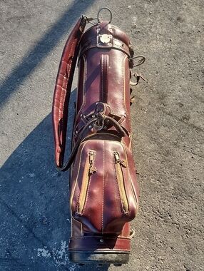 Burgundy Leather Golf Carry Bag with Dual Zipper Pockets